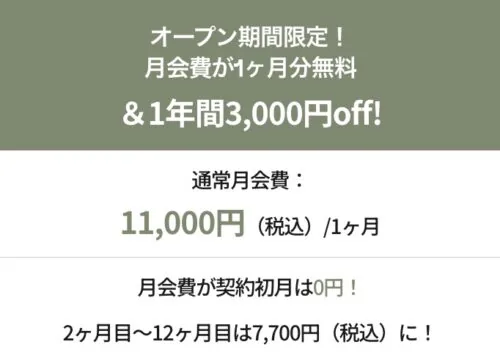 オープン期間限定！月会費が１ヶ月分無料&１年間3,000円OFF！ チラシ画像